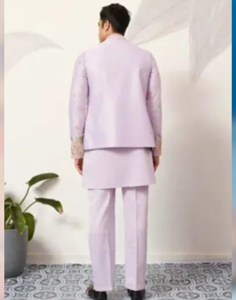 Men’s Pastel Kurta Pajama Set with Floral Embroidered Nehru Jacket Festive & Wedding Wear