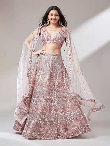 Rose gold Net Mirror Embroidery  Lehenga choli & Dupatta- Rent