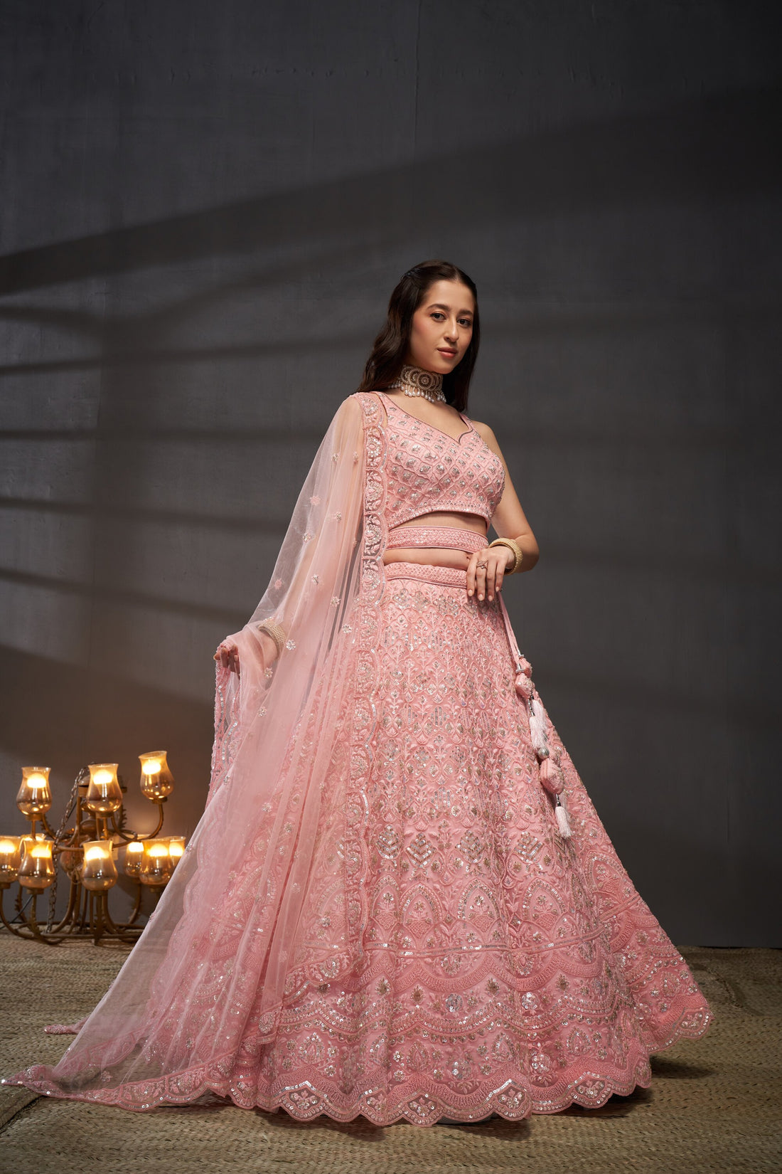 Pink Net Cutdana, Sequins and Zarkan  Lehenga choli & Dupatta - Rent