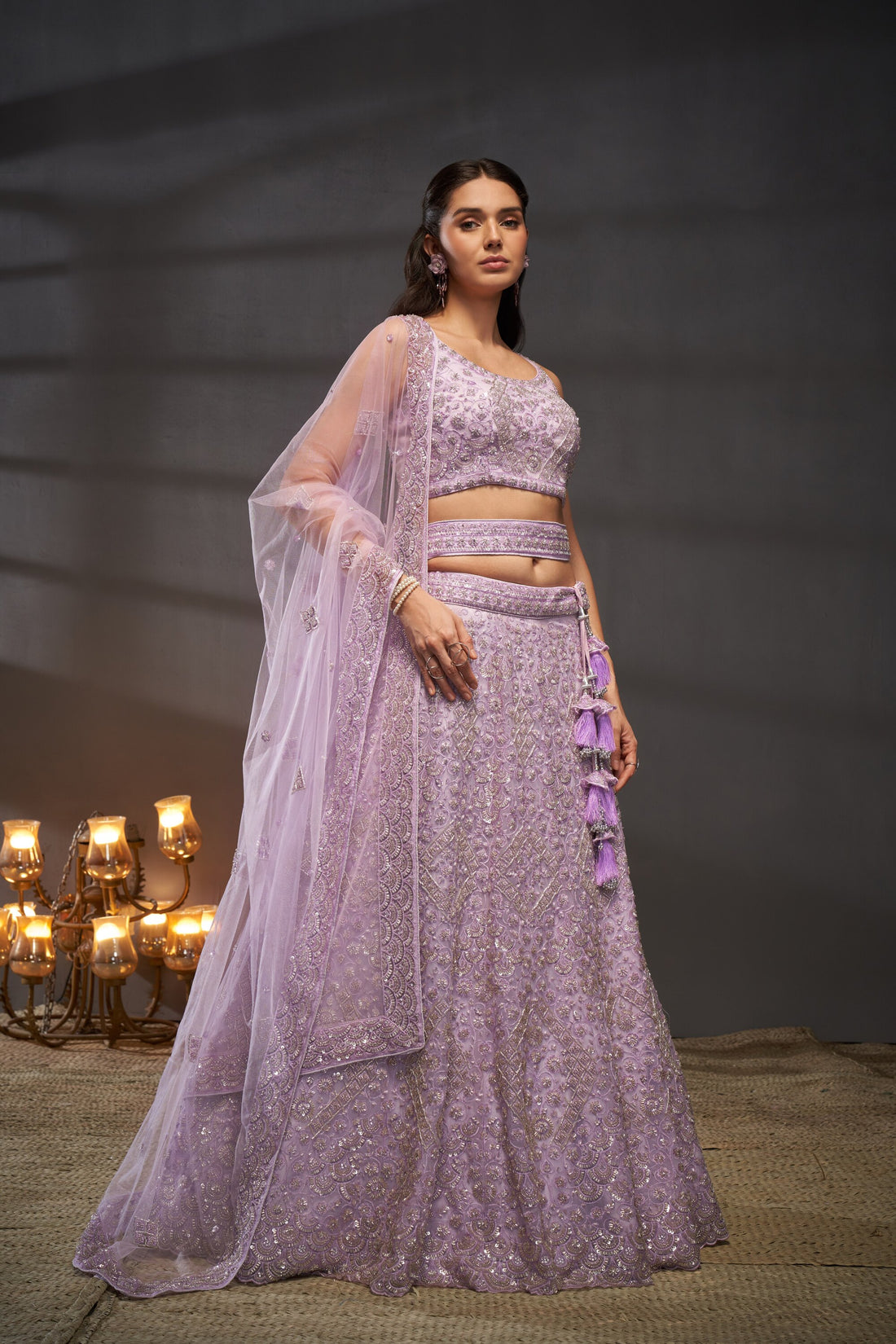 Lavender Net Cutdana, Sequins and Zarkan  Lehenga choli & Dupatta - Rent