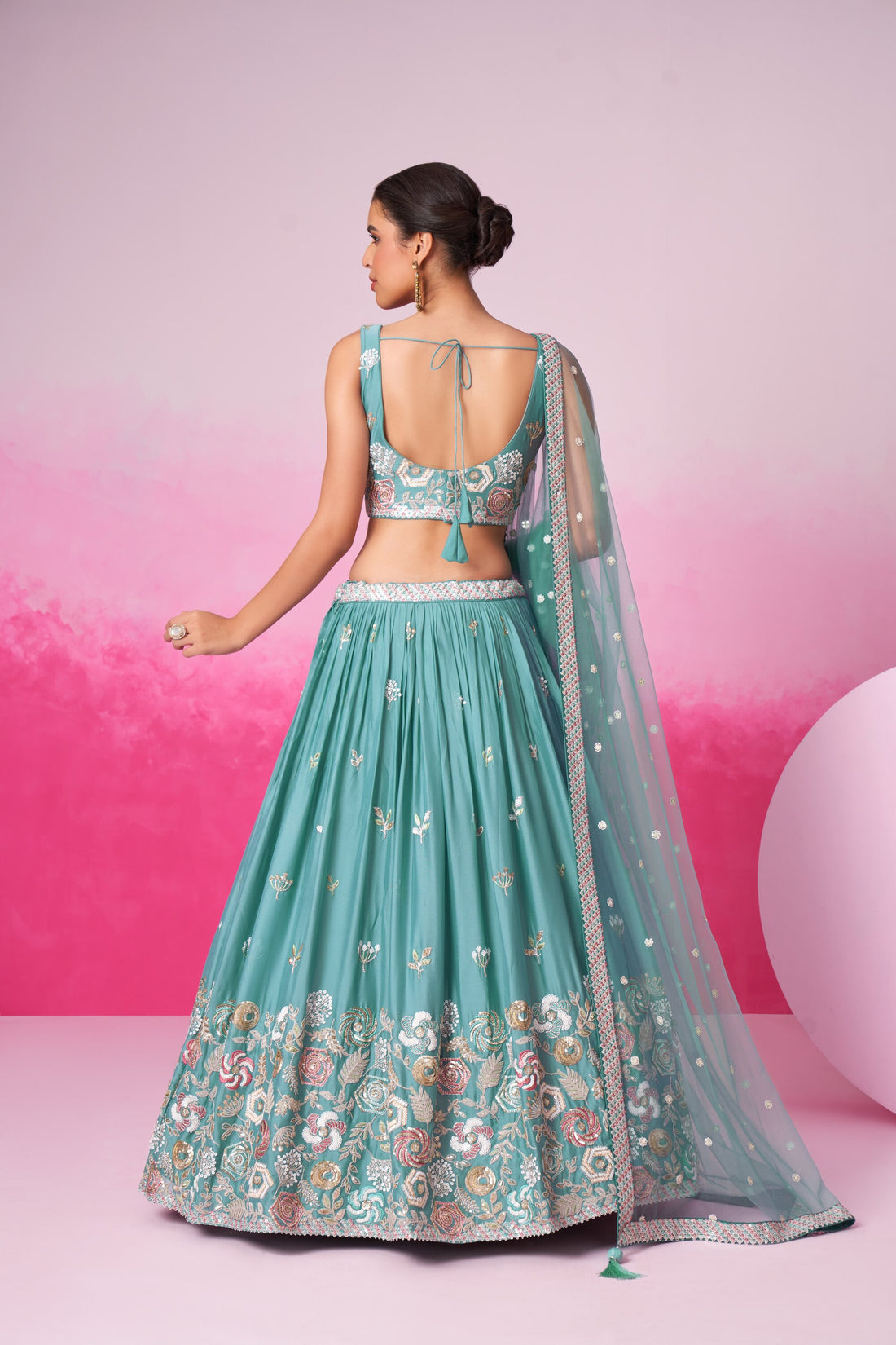 Turquoise blue Net Multi Sequins with heavy Zarkan Lehenga choli & Dupatta - Rent