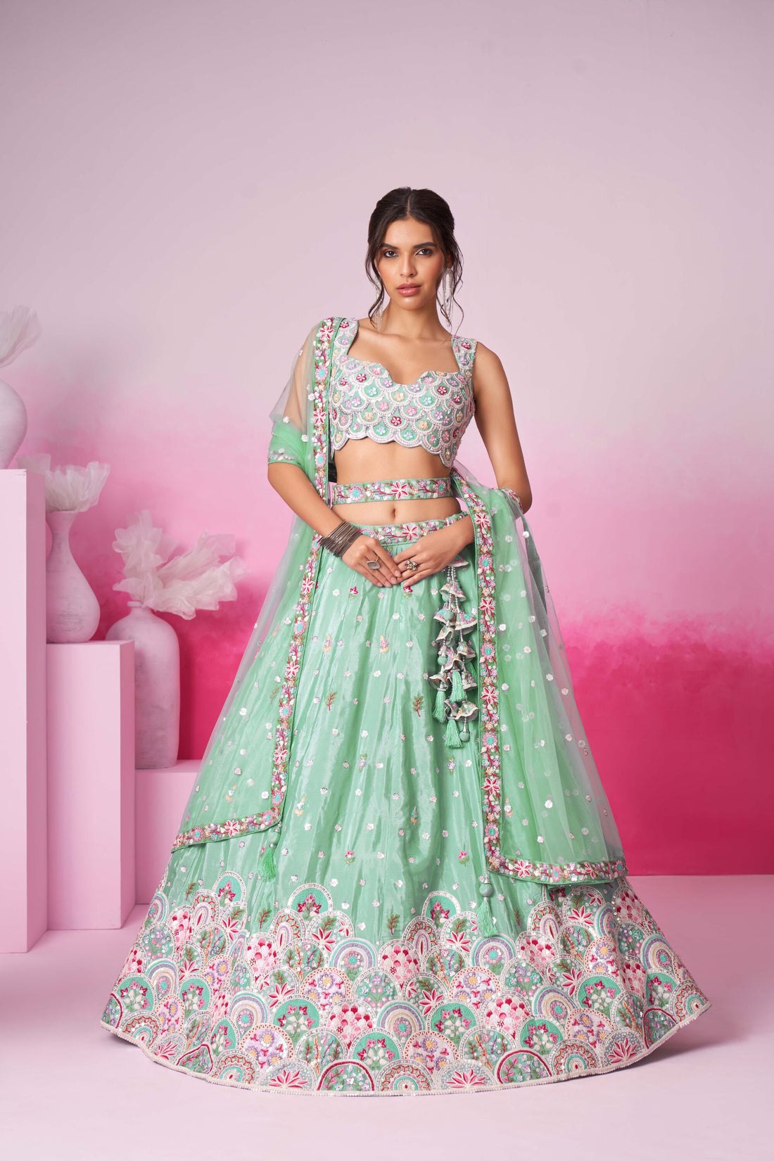 Lime Green Net Cutdana, Sequins and Zarkan  Lehenga choli & Dupatta - Rent