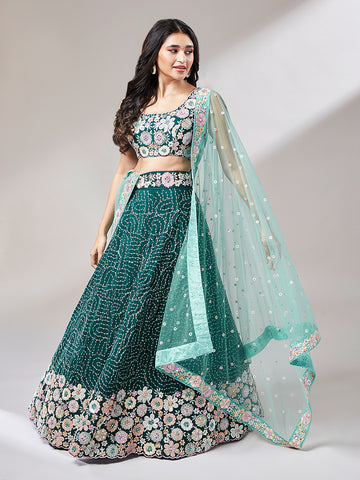 Teal Georgette Heavy Sequinse Embroidery Lehenga Choli & Dupatta - Rent