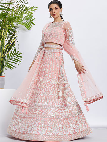 Stunning Coral Georgette Lehenga Choli with Intricate Sequins  - Rent