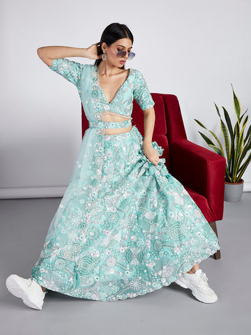 Turquoise blue Organza Sequins, Zarkan And Thread Embroidery Lehenga Choli & Dupatta - Rent