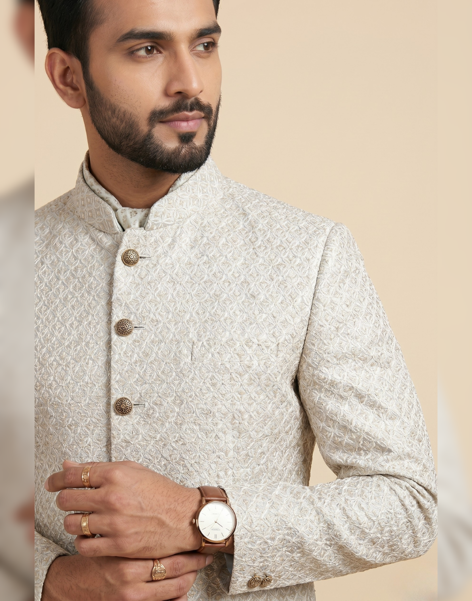 Elegant Ivory Jacquard Kurta Pyjama Set for Men Festive & Wedding Wear