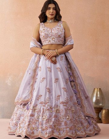 Graceful Lavender Tissue Sequins Embroidered Lehenga with Blouse & Flowing Dupatta