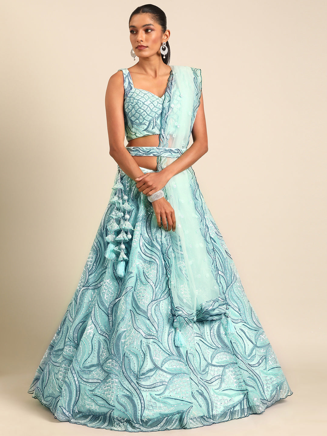 Turquoiseblue With Net Dupata  Colored Lehenga: Timeless Elegance for Every Celebration - Rent