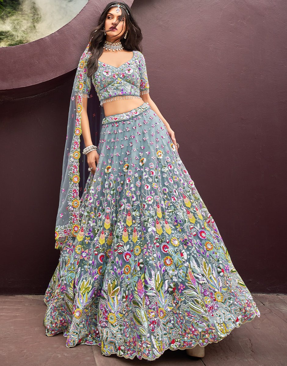 Opulent Turquoise Net Lehenga Choli with Zarkan & Heavy Sequin Embroidery and Dupatta