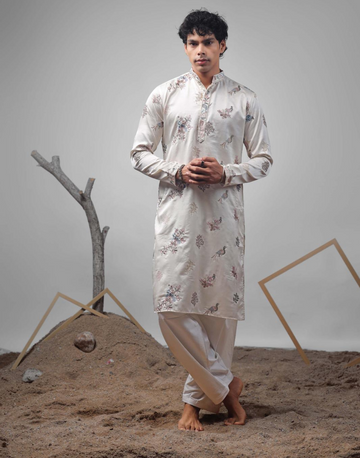 Graceful Off White Embroidered Kurta Pyjama Set in Silk Blend Perfect for Grooms & Guests - Buy