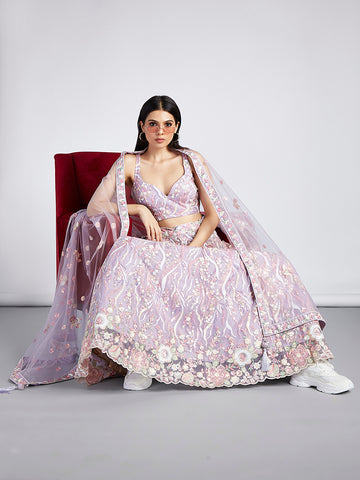 Mauve Net Sequins and Thread Embroidery Lehenga Choli & Dupatta - Rent