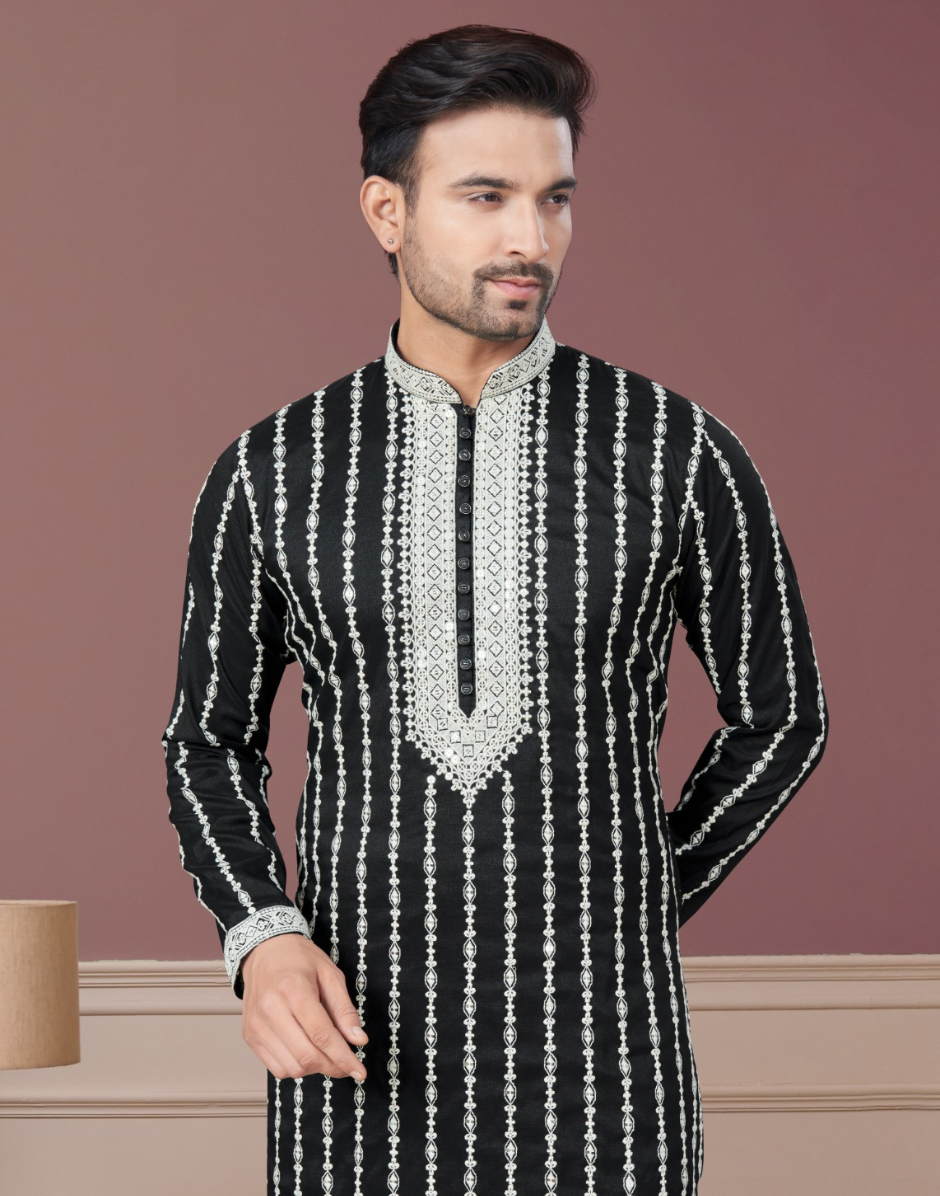 Stylish Black Kurta Pajama with White Thread Embroidery for Men Elegant Festive Wear - Buy
