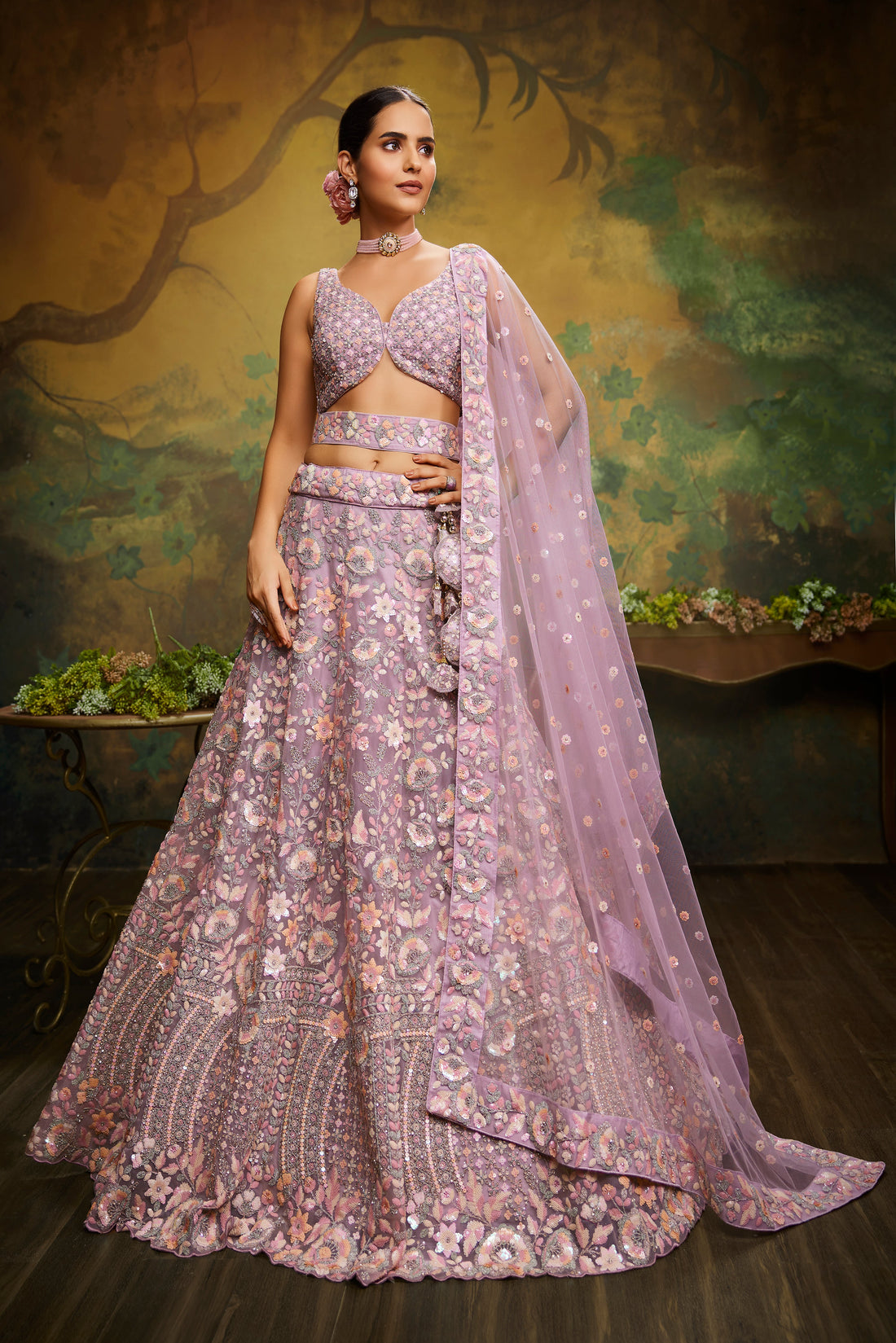 Stylish Designer Dusty Multicolour Silk  Lehenga Set - Rent