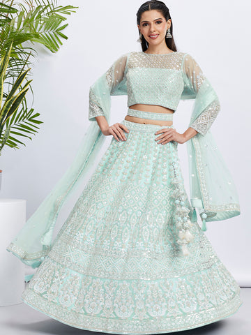 Luxurious Turquoise blue Pure Georgette Lehenga Choli with Sequins - Rent