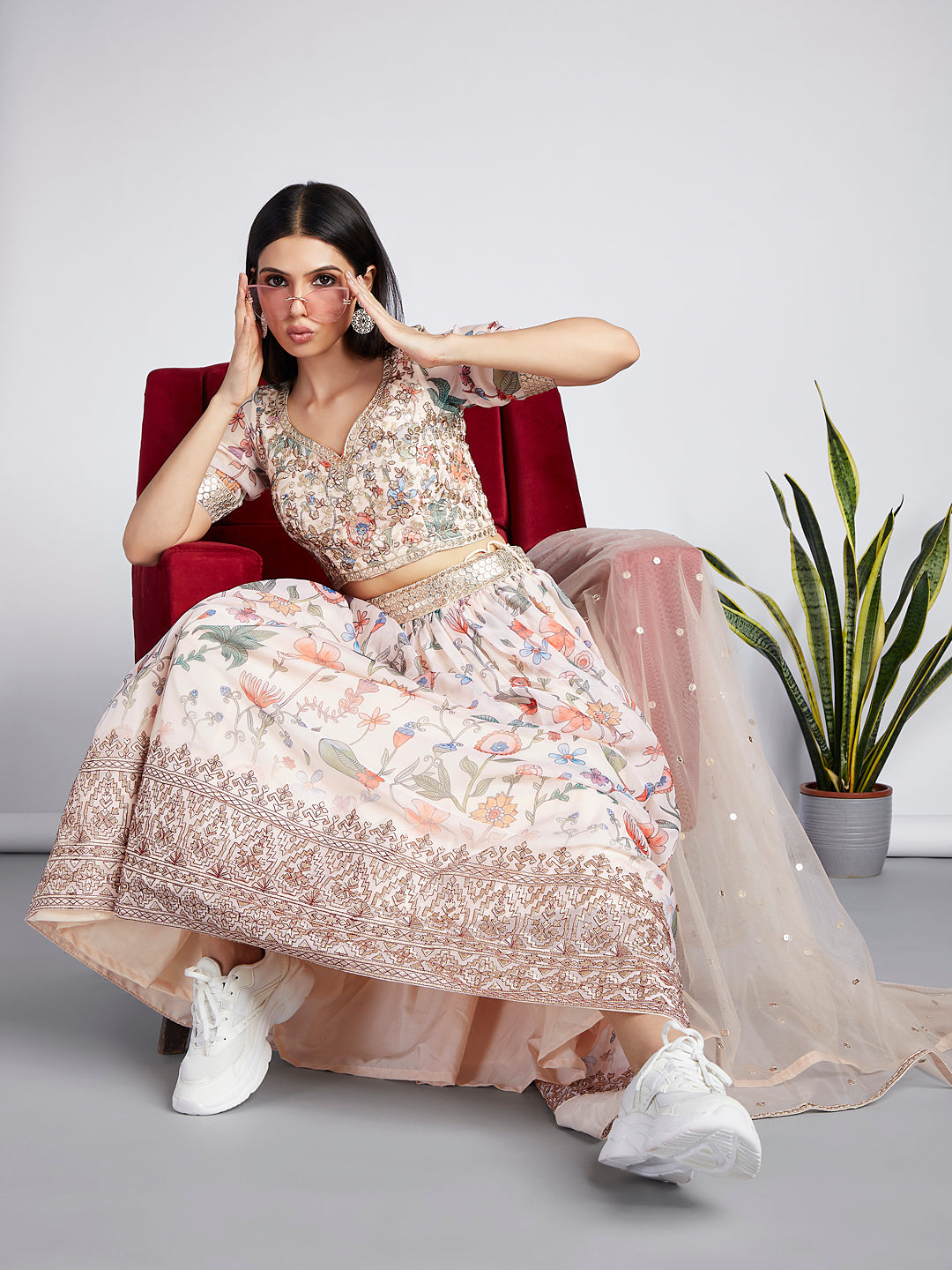 Cream color Organza Floral design digital print  Lehenga Choli & Dupatta - Rent