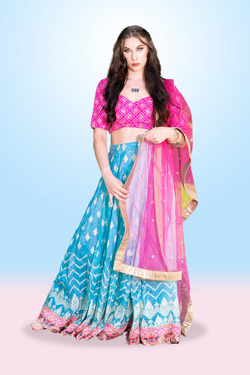 Beautiful Pink And Blue Printed Lehenga Set - Rent