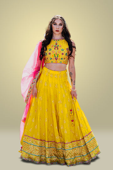 Yellow Raw Silk Hand Embroidered Haldi Lehenga Set - Rent