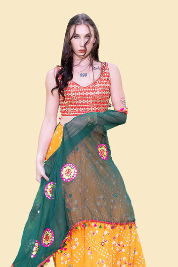 Yellow and green bandhani chaniya choli for Navratri - Rent