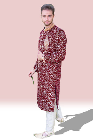 Maroon Full embroidered Groom Kurta Set - Rent