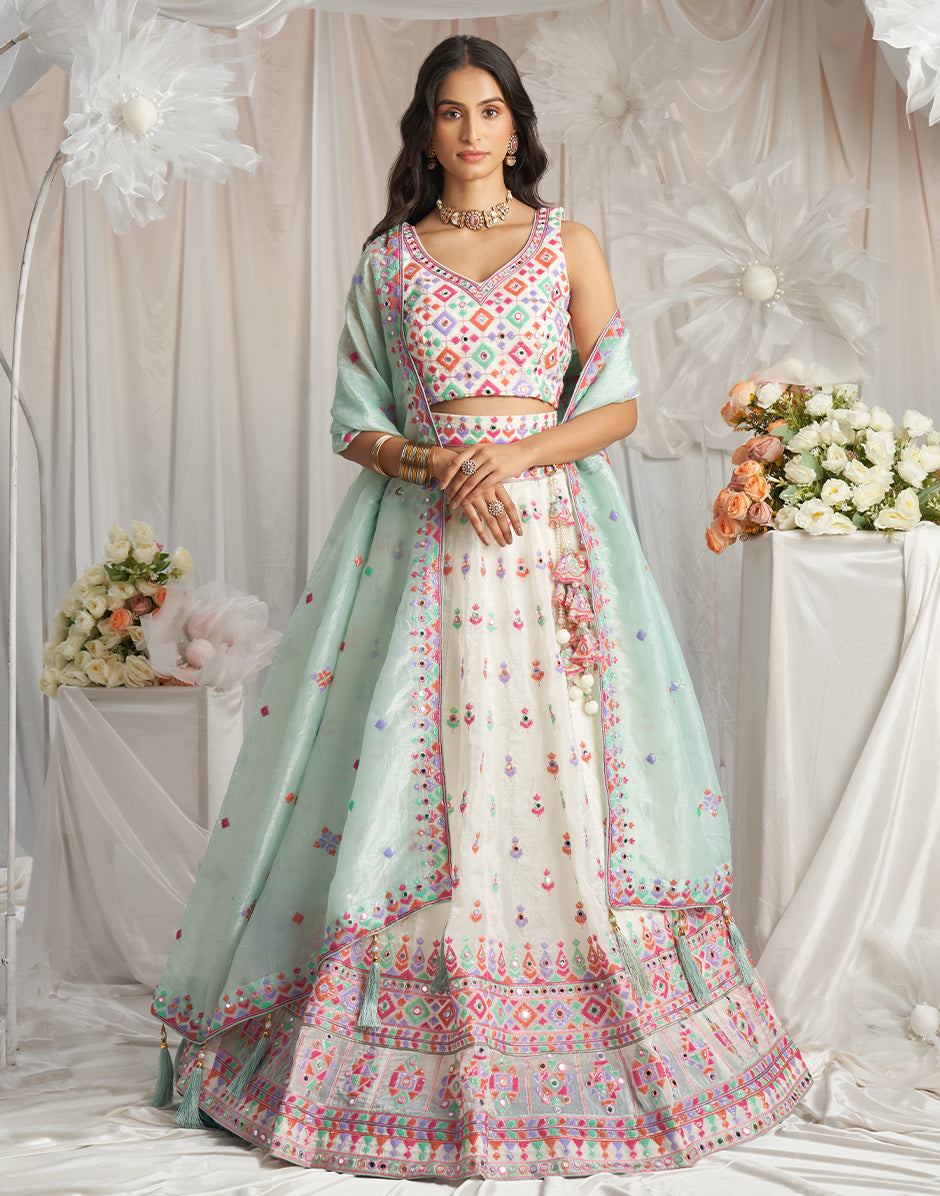 Glamorous Organza Lehenga Choli with Sequins & Mirror Detailing and Dupatta