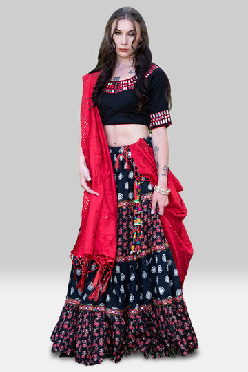 Navratri  Black And Red Embroidered Chaniya Choli - Rent