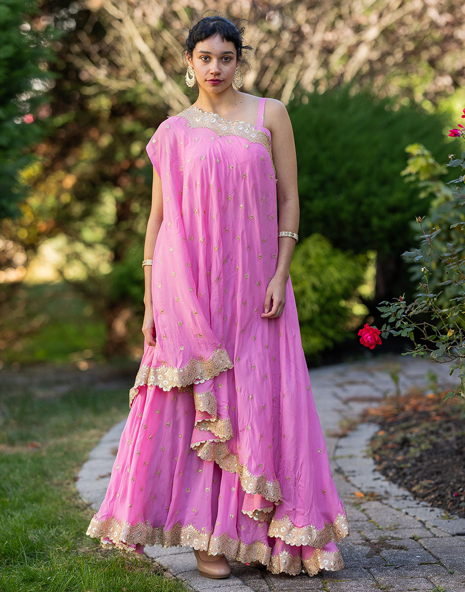 Charming Pink Gotta Patti Work Dress with Gold Embroidery