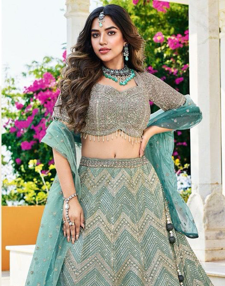 Radiant Teal Embroidered Sequin Lehenga Choli Set with Matching Dupatta