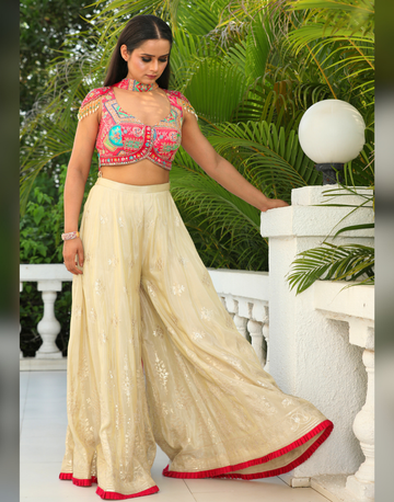 Festive Pink Thread Embroidered Co-ord Set Top, Palazzo & Dupatta Included
