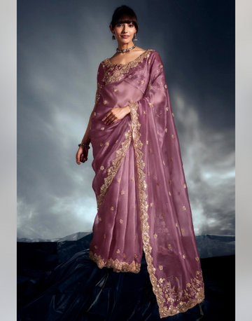 Mauve Pure Tissue Organza Saree Featuring Ornate Khatli Work Decorated with Moti, Cutdana & Sequins