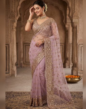 Lavender Designer Net Saree with Sequinned Embellished Blouse
