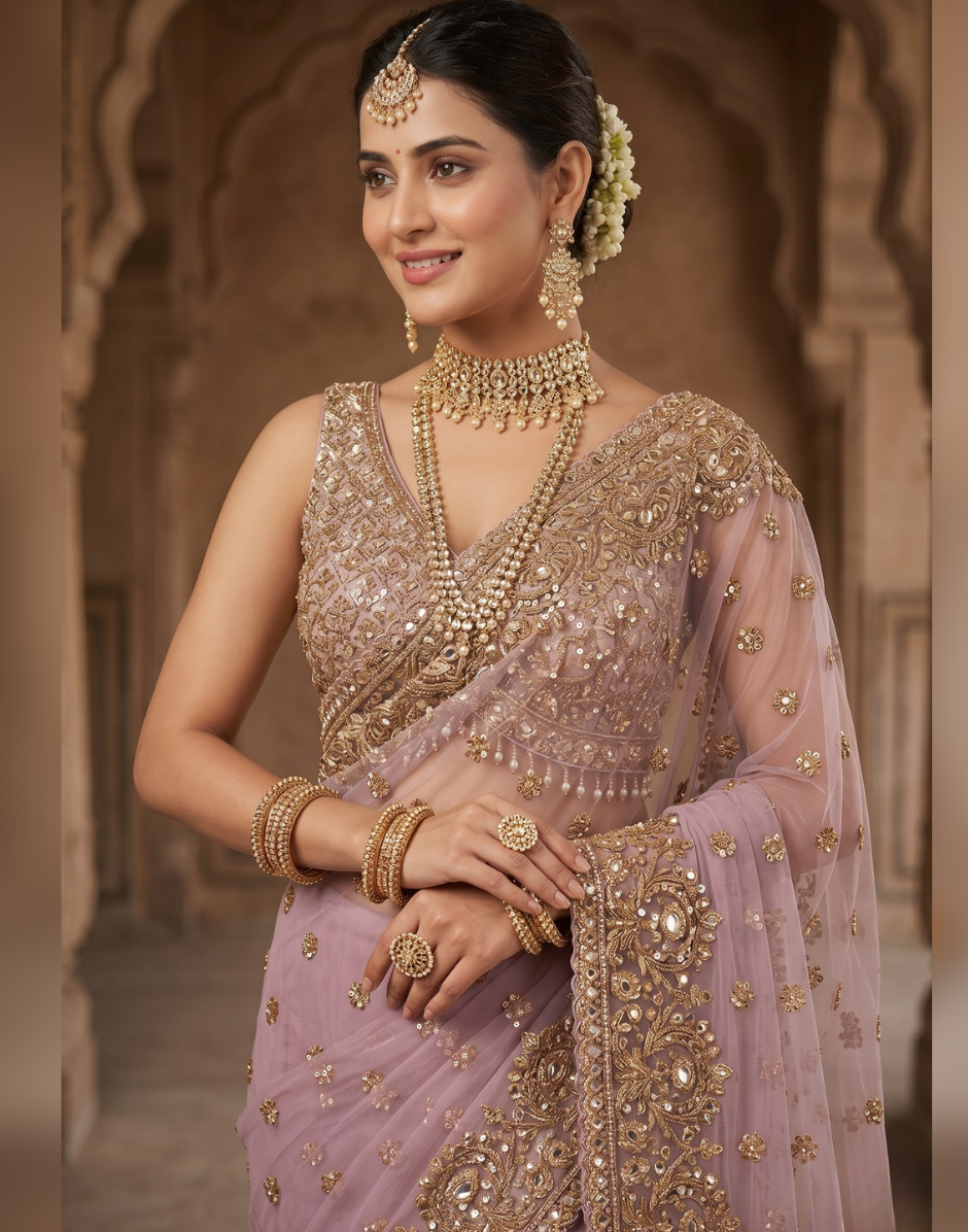 Lavender Designer Net Saree with Sequinned Embellished Blouse