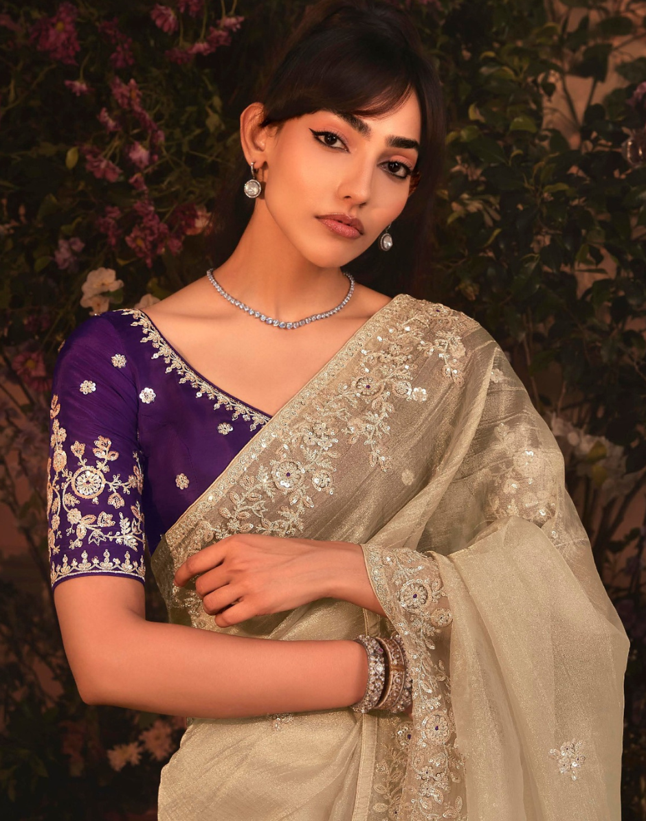 Elegant Beige Organza Saree Intricate Butta Embroidery with Heavy Stone Work Border - Buy