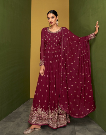 Maroon Real Georgette Embroidered Kurta, Palazzo & Dupatta Set Elegant & Stylish