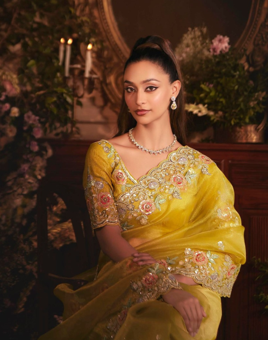 Designer Yellow Organza Saree Featuring Full Butta Work & Heavy Stone Embellished Border - Buy