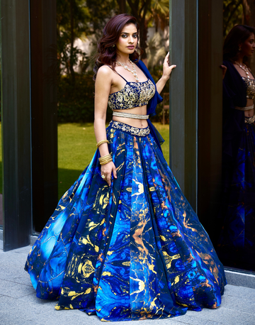 Boho Blue Marble Print Georgette Lehenga with Embroidered Bustier & Ruffled Dupatta Modern Festive Look