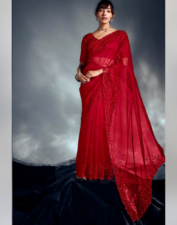 Luxurious Red Tissue Organza Saree with Handcrafted Khatli Border & Intricate Embellishments
