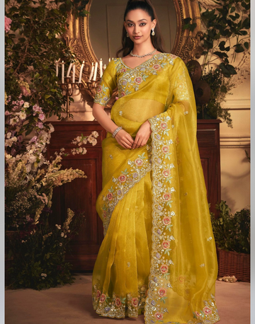 Designer Yellow Organza Saree Featuring Full Butta Work & Heavy Stone Embellished Border - Buy