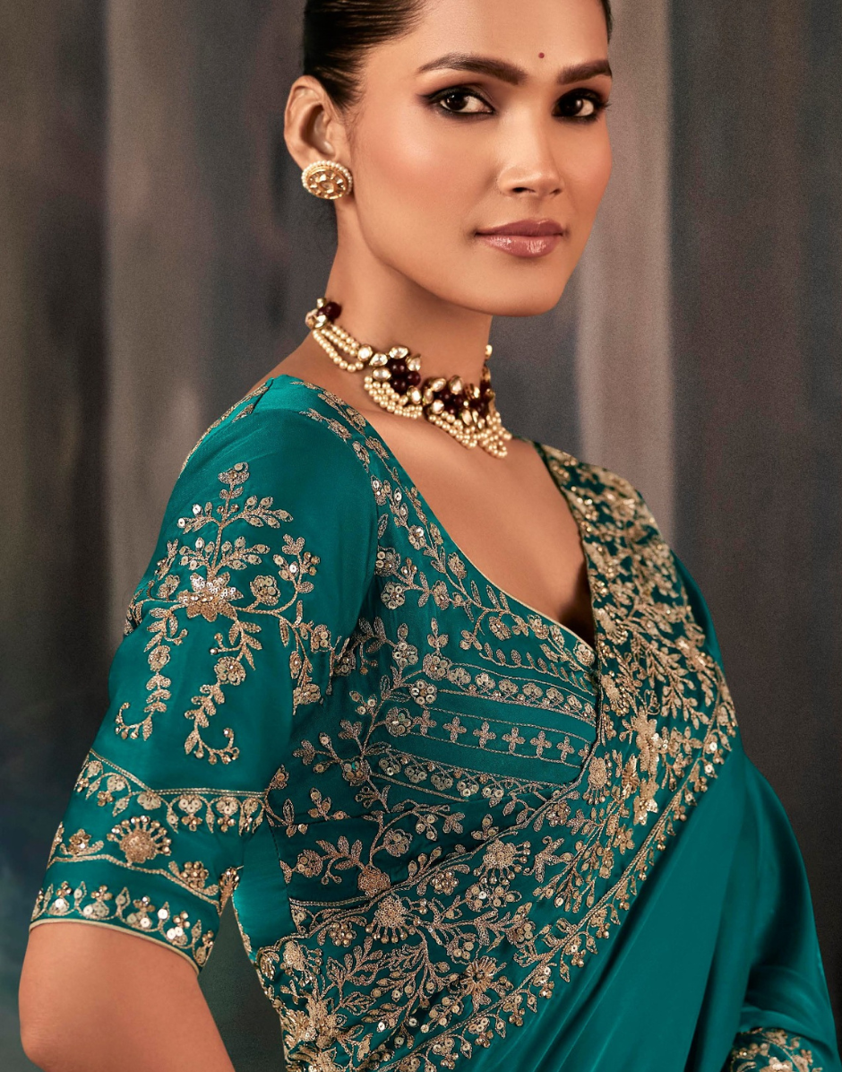Opulent Emerald Green Saree Exquisite Handwork & Aari Motifs with Matching Blouse - Buy