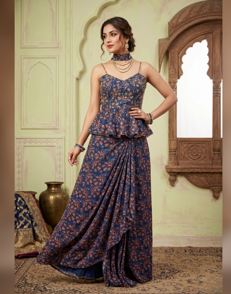 dhoti peplum dress Floral Applique Tiered Peplum Top with Dhoti