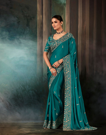 Opulent Emerald Green Saree Exquisite Handwork & Aari Motifs with Matching Blouse - Buy