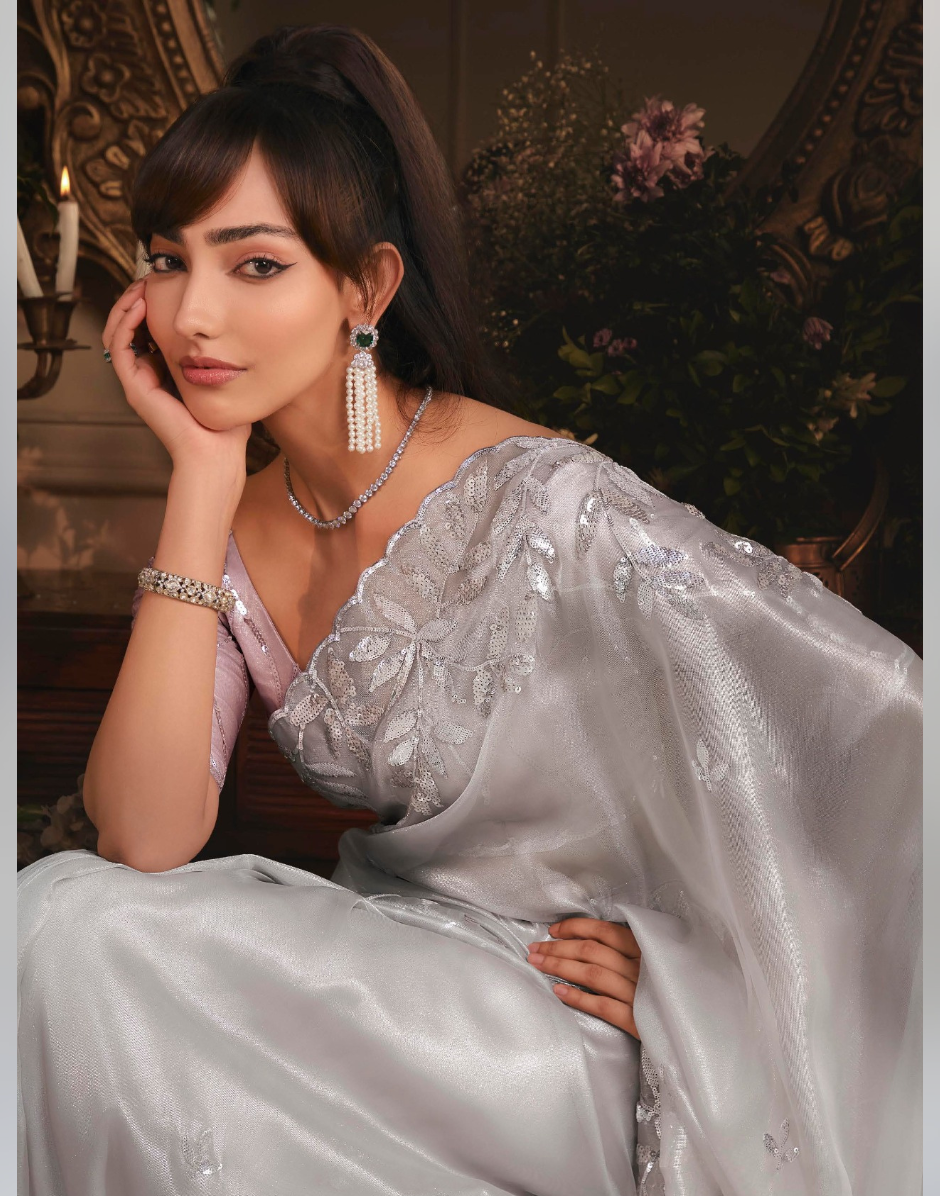 Premium Silver Organza Saree Heavy Stone Work Border with Elegant Designer Butti - Buy