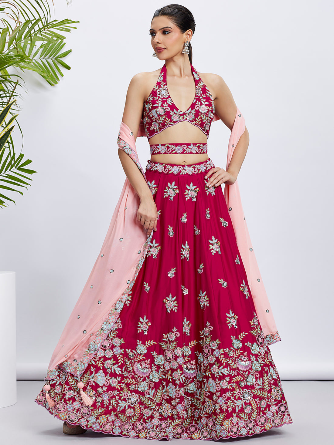 Rose Pure Georgette Sequins And Thread Embroidery Lehenga Choli & Dupatta - Rent