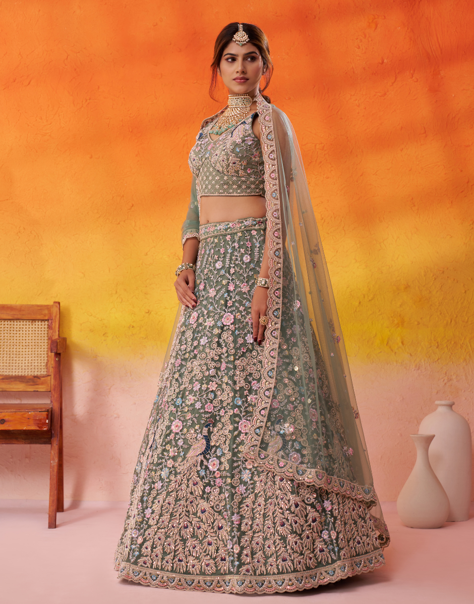 Premium Net Fabric Sequins Embroidery Lehenga & Blouse with Dupatta - Buy