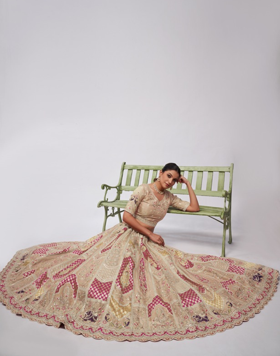 Organza Silk intricate Paisley Motifs Traditional Embroidered Lehenga