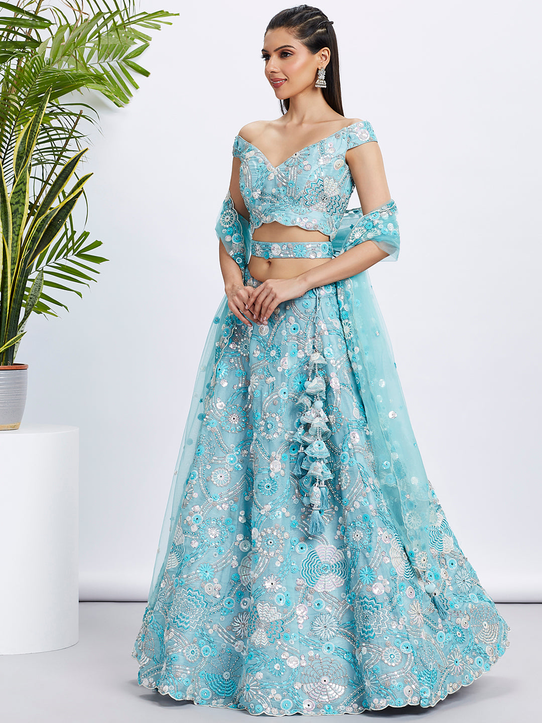 Sky blue Organza Sequins, Zarkan And Thread Embroidery Lehenga Choli & Dupatta - Rent