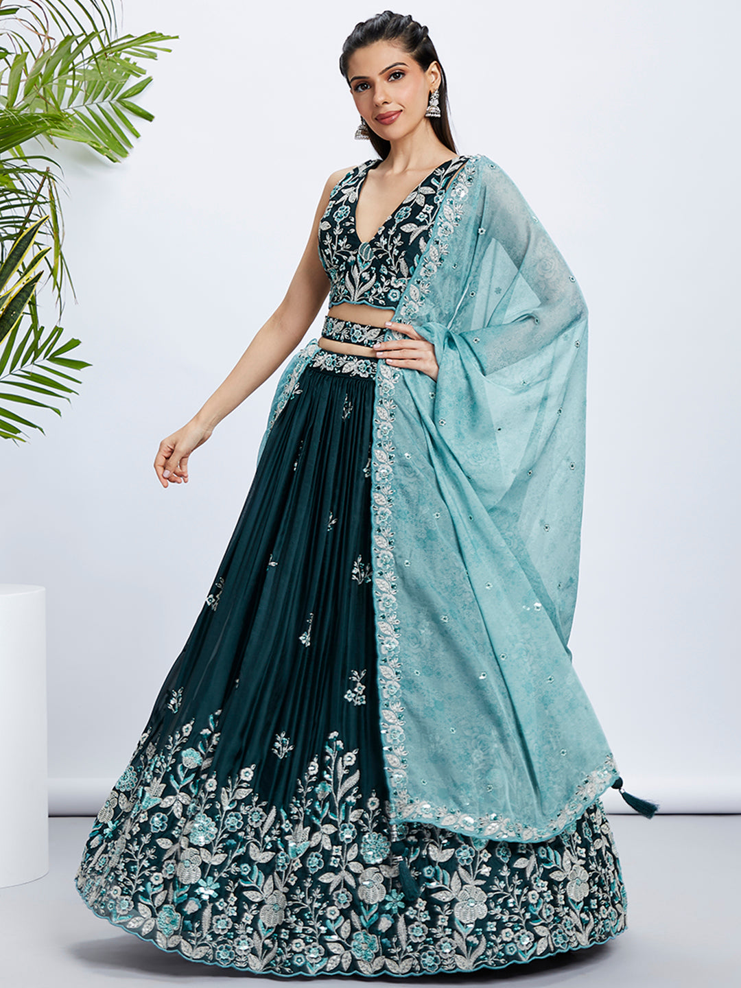 Teal Pure Georgette Sequins And Thread Embroidery Lehenga Choli & Dupatta - Rent