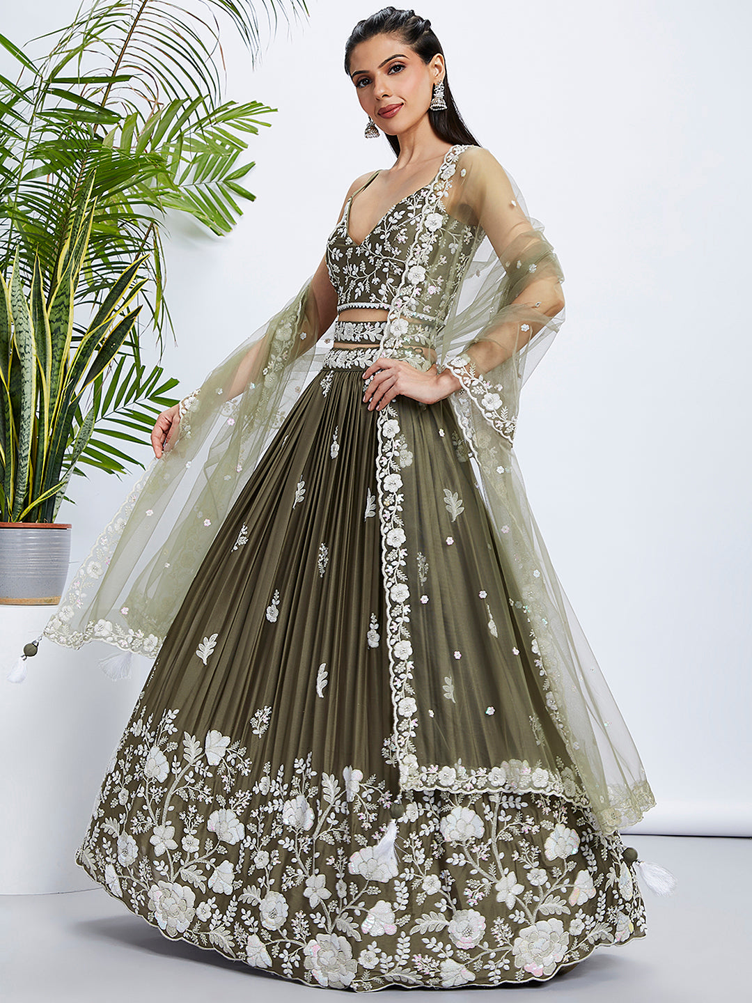 Olive Pure Georgette Sequins And Thread Embroidery Lehenga Choli & Dupatta - Rent