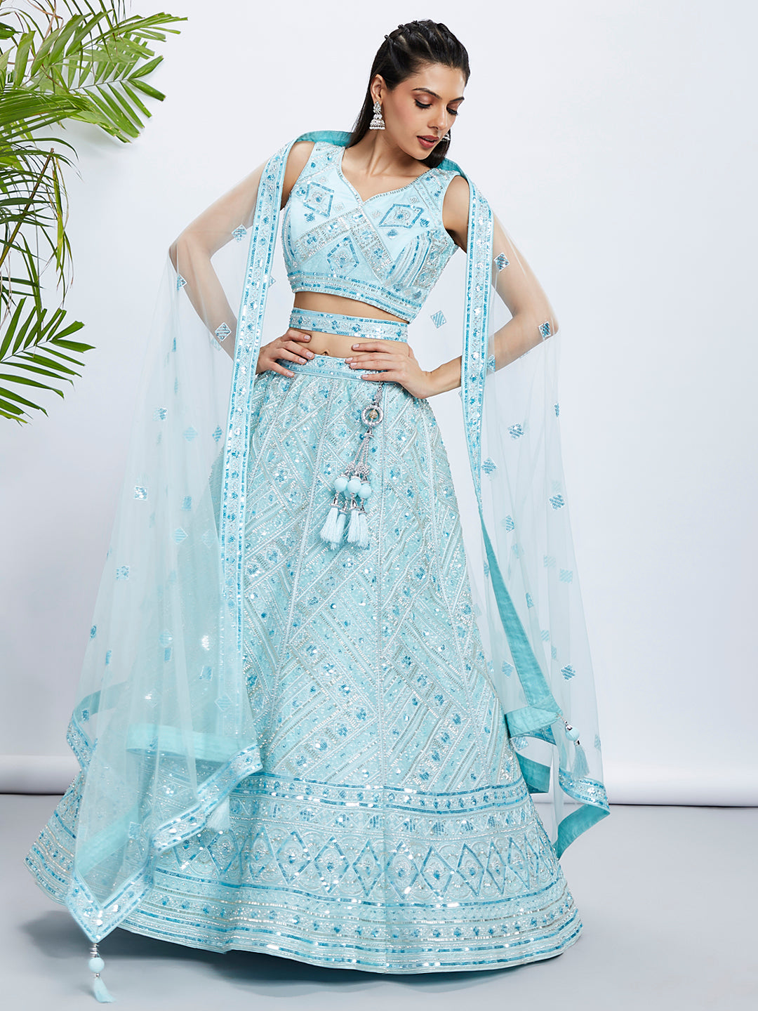 Turquoise Blue Net Cutdana, Sequins And Zarkan Embroidery Dupatta - Rent