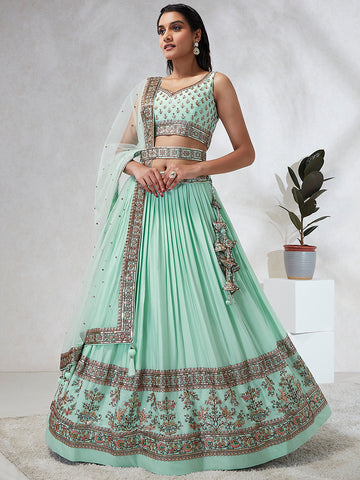 Elegant Sea Green Embroidered Sequin Lehenga Choli Set with Matching Dupatta