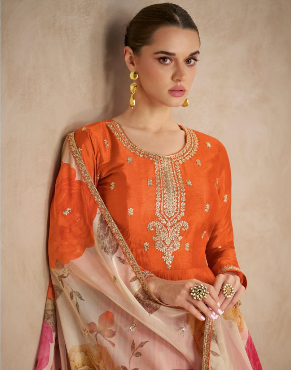 Embroidered Orange Chinnon Silk Anarkali Suit Paired with Printed Floral Dupatta - Buy
